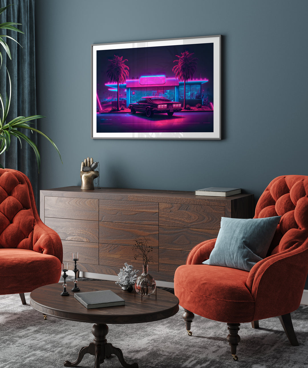 Poster Neon synthwave car at the bar