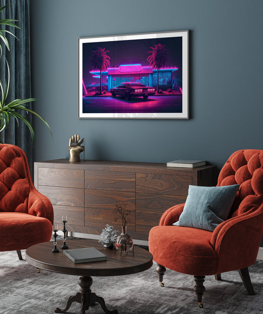 Poster Neon synthwave car at the bar