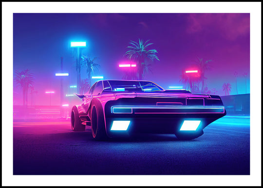 Poster Neon car in synthwave style