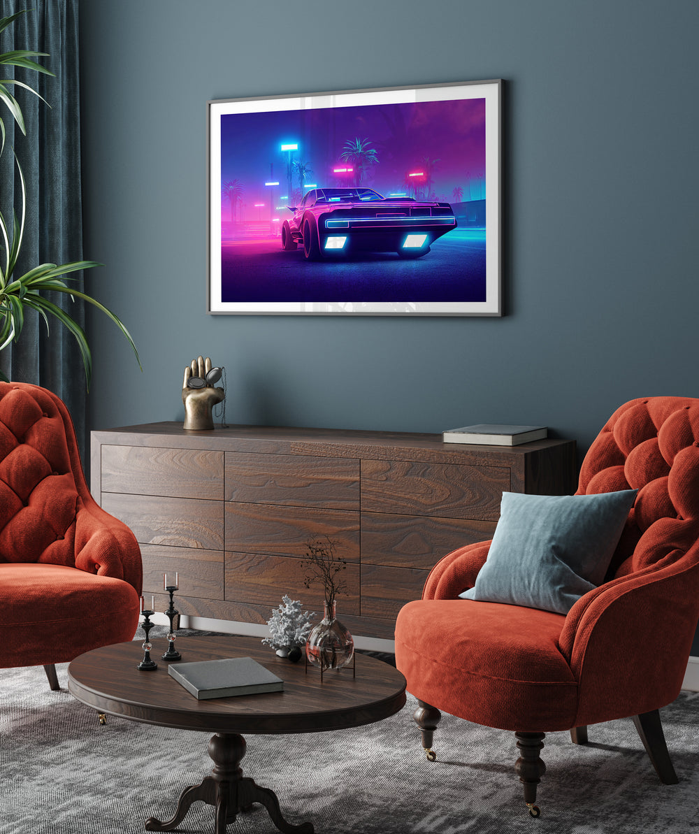 Poster Neon car in synthwave style