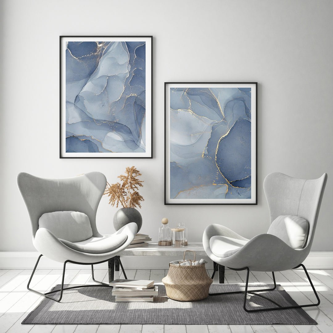 Poster Gold delicate blue pattern 2