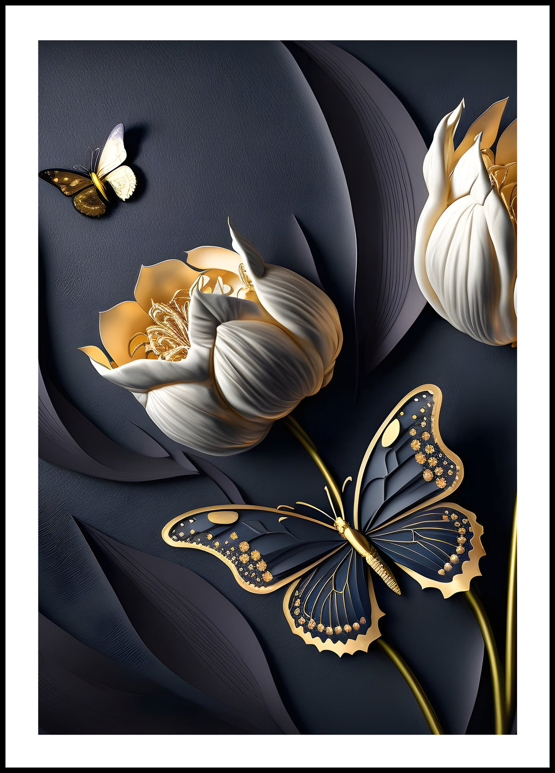 Poster White flowers with butterflies 1