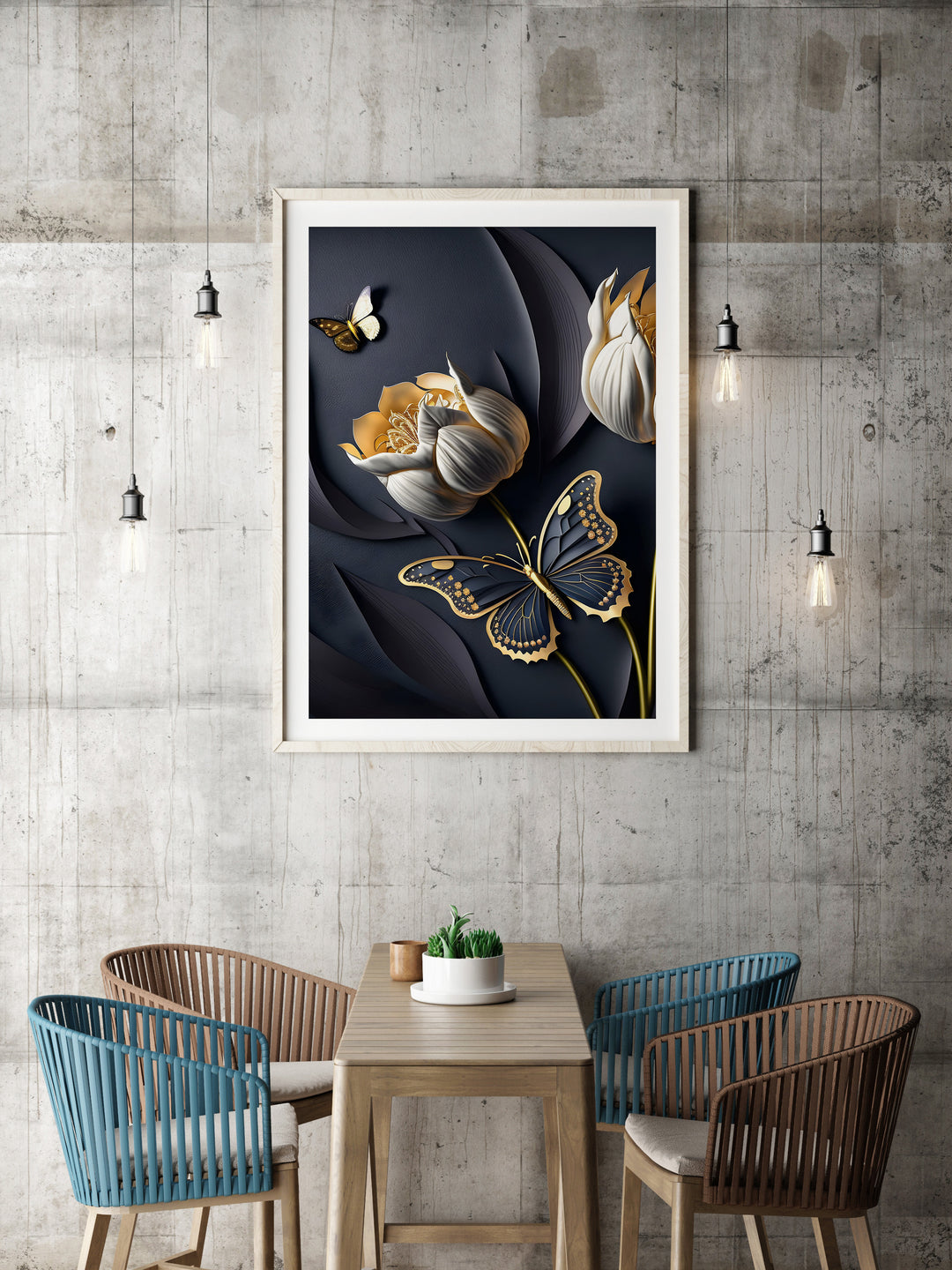 Poster White flowers with butterflies 1
