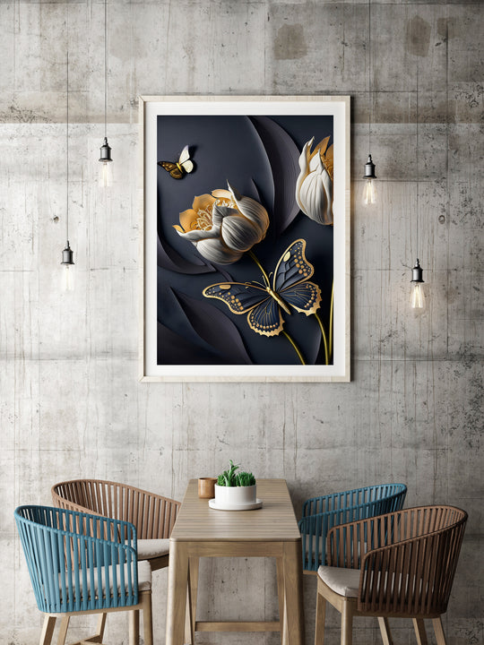 Poster White flowers with butterflies 1