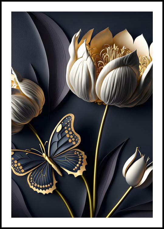 Poster White Flowers with Butterflies 2