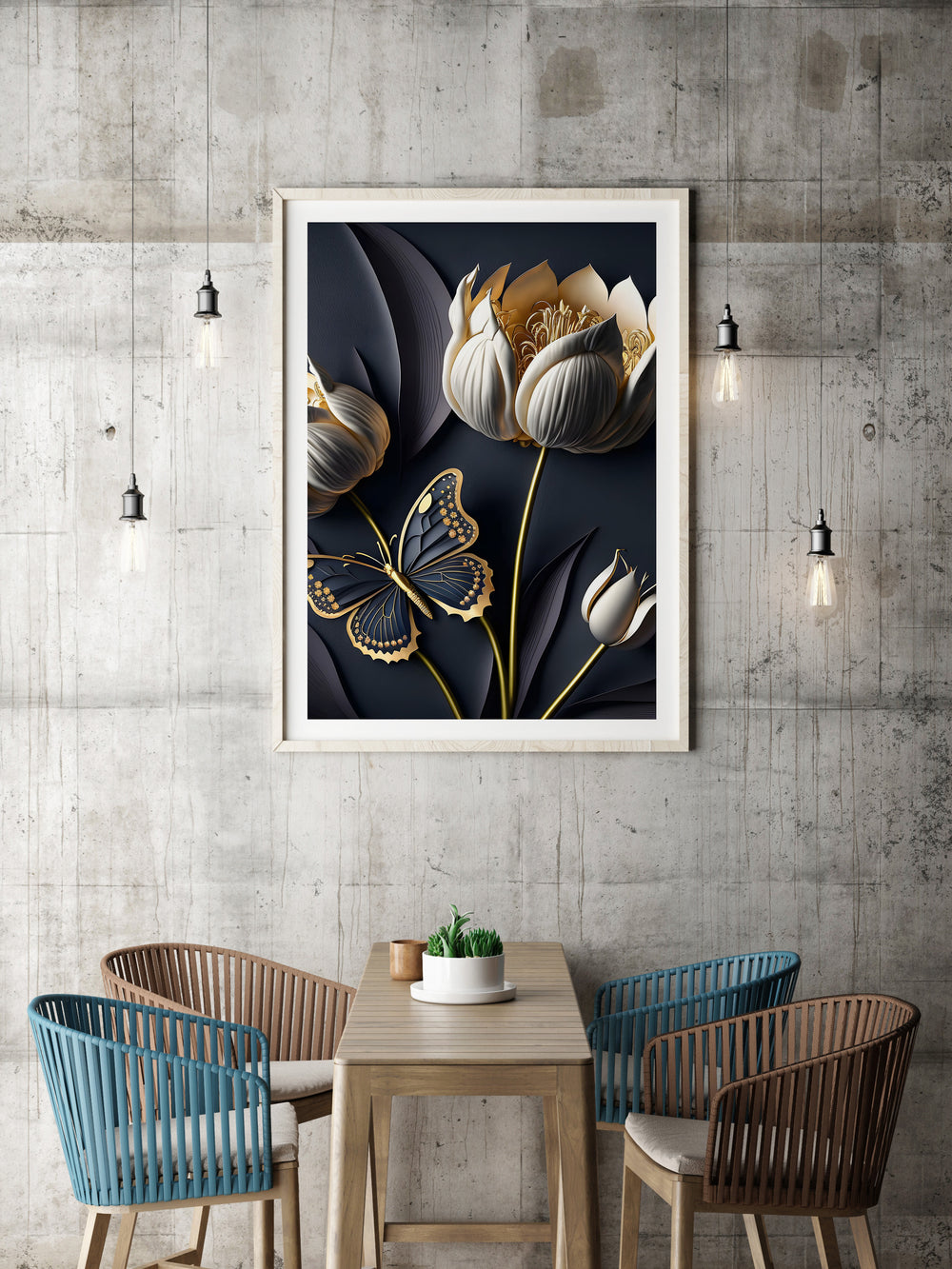 Poster White Flowers with Butterflies 2