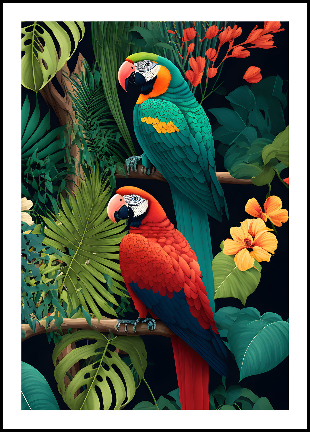 Poster Two parrots against the background of a colorful jungle