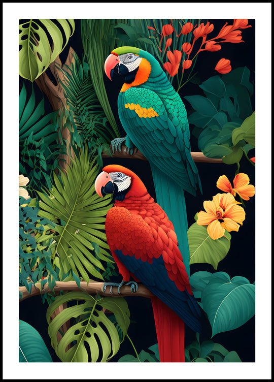 Poster Two parrots against the background of a colorful jungle