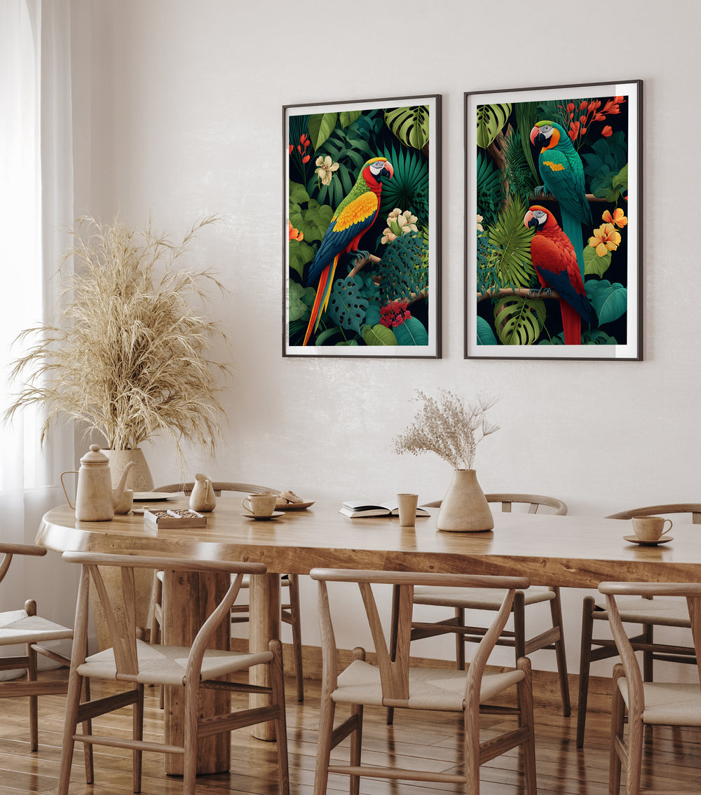 Poster Two parrots against the background of a colorful jungle