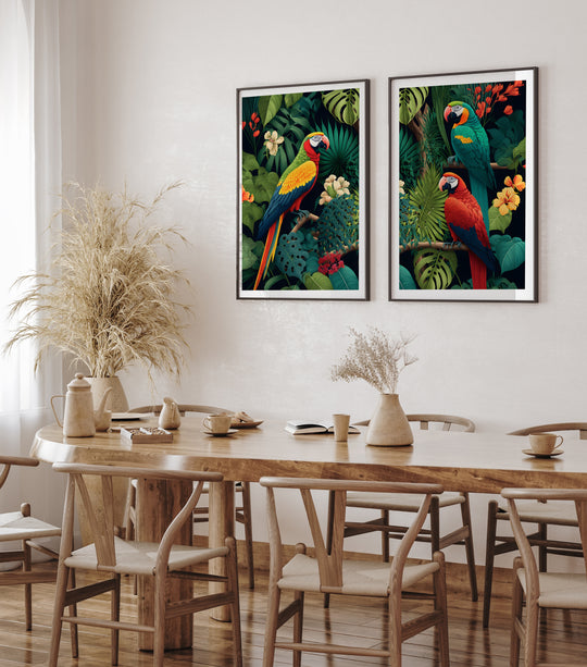 Poster Two parrots against the background of a colorful jungle