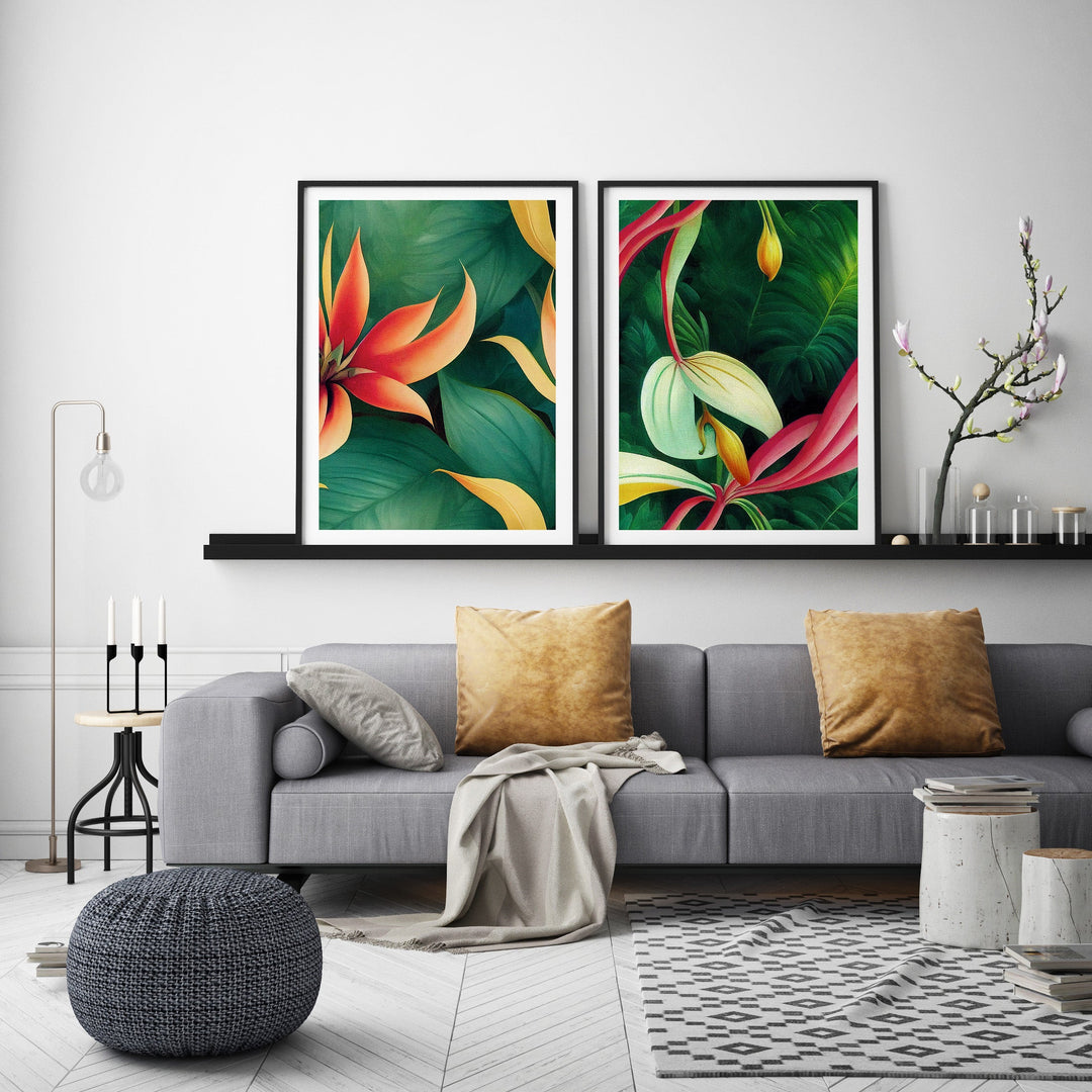 Flowers on green leaves poster 3