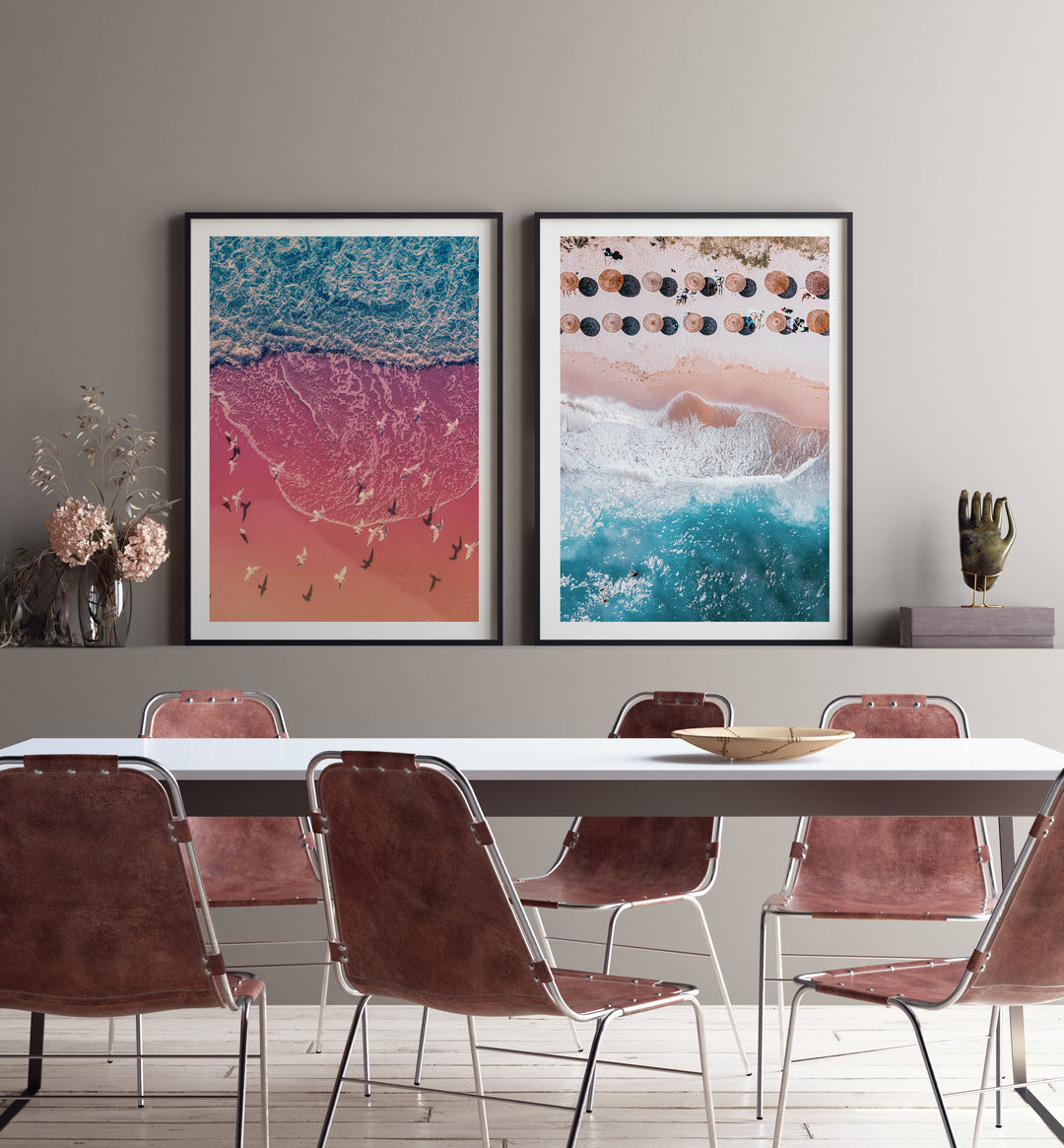 Poster View of the beach with deck chairs