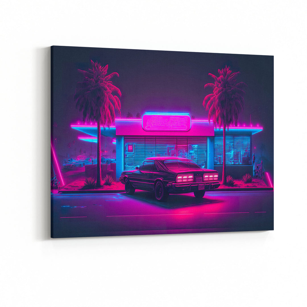 Obraz Neonowy samochód w stylu synthwave przy barze