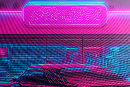 Obraz Neonowy samochód w stylu synthwave przy barze