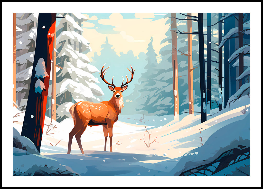 Plakat Jeleń w zimowym lesie