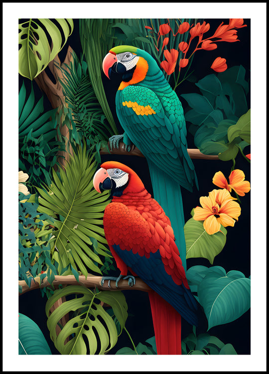Plakat Dwie papugi na tle kolorowej dżungli
